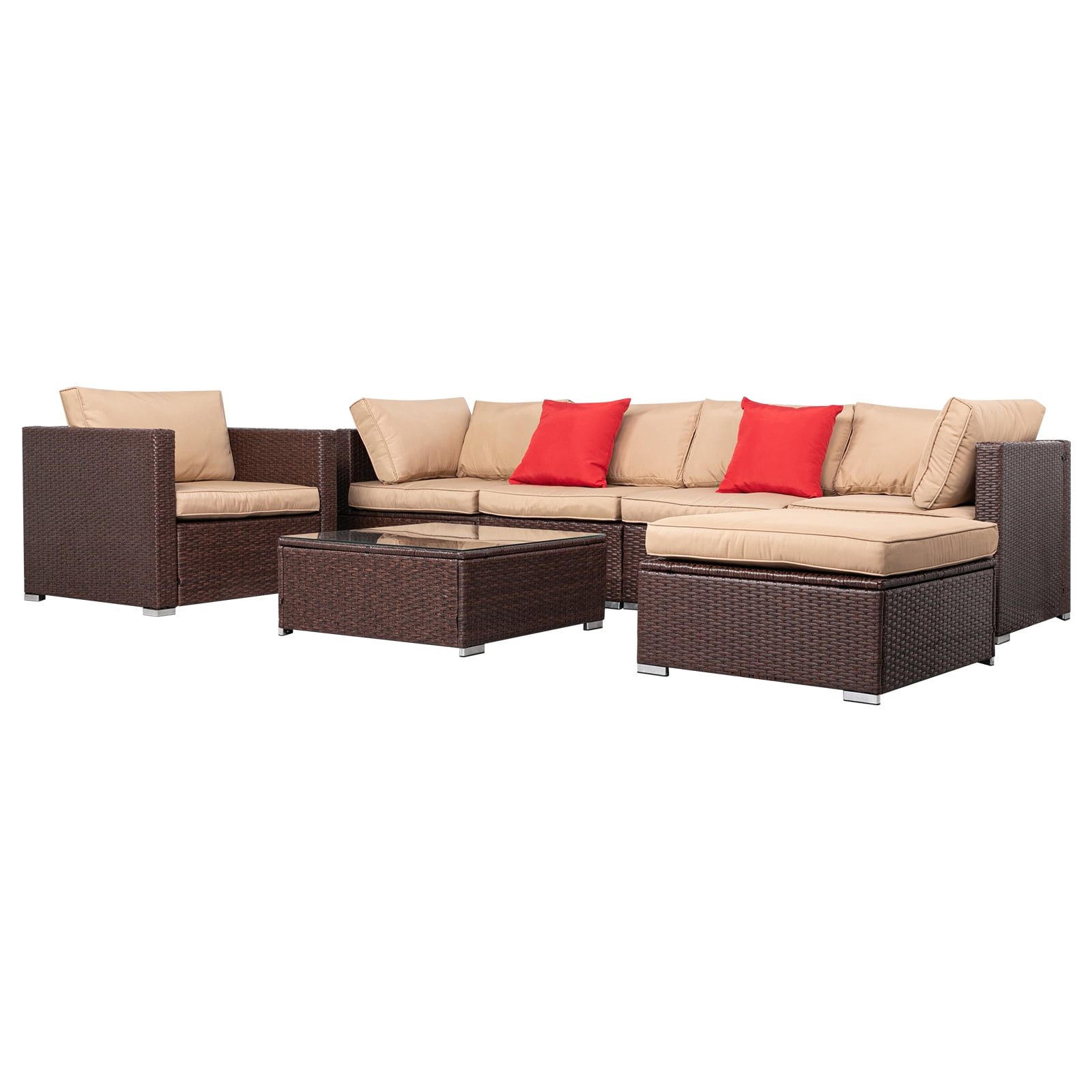 Ktaxon 7 Pieces Outdoor Sectional PE Rattan Sofa Set, Wicker Sectional Set, Patio Set for All Weather Cushion, Brown