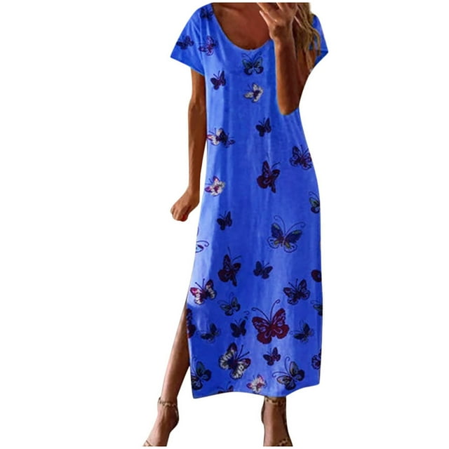 Héliisoer Robe de Femme, Femmes de Dégagement d'Été Mode O-Cou Papillon Impression Manches Courtes Casual Fente Longues Robes