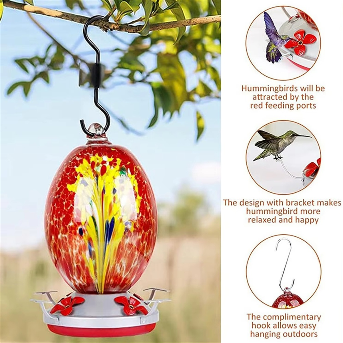 Hummingbird Feeder, Large Glass Bird Feeder for Outdoor Use with Ant Proof Hooks