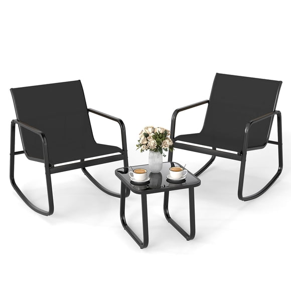 Costway 3 Piece Patio Rocking Set 2 Rocking Bistro Chairs & Glass-Top Table for Porch