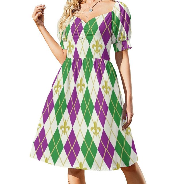 Vestido de manga corta con rombos de Mardi Gras, vestidos elegantes, vestidos de fiesta para mujer, ropa de mujer, vestido de verano 2025