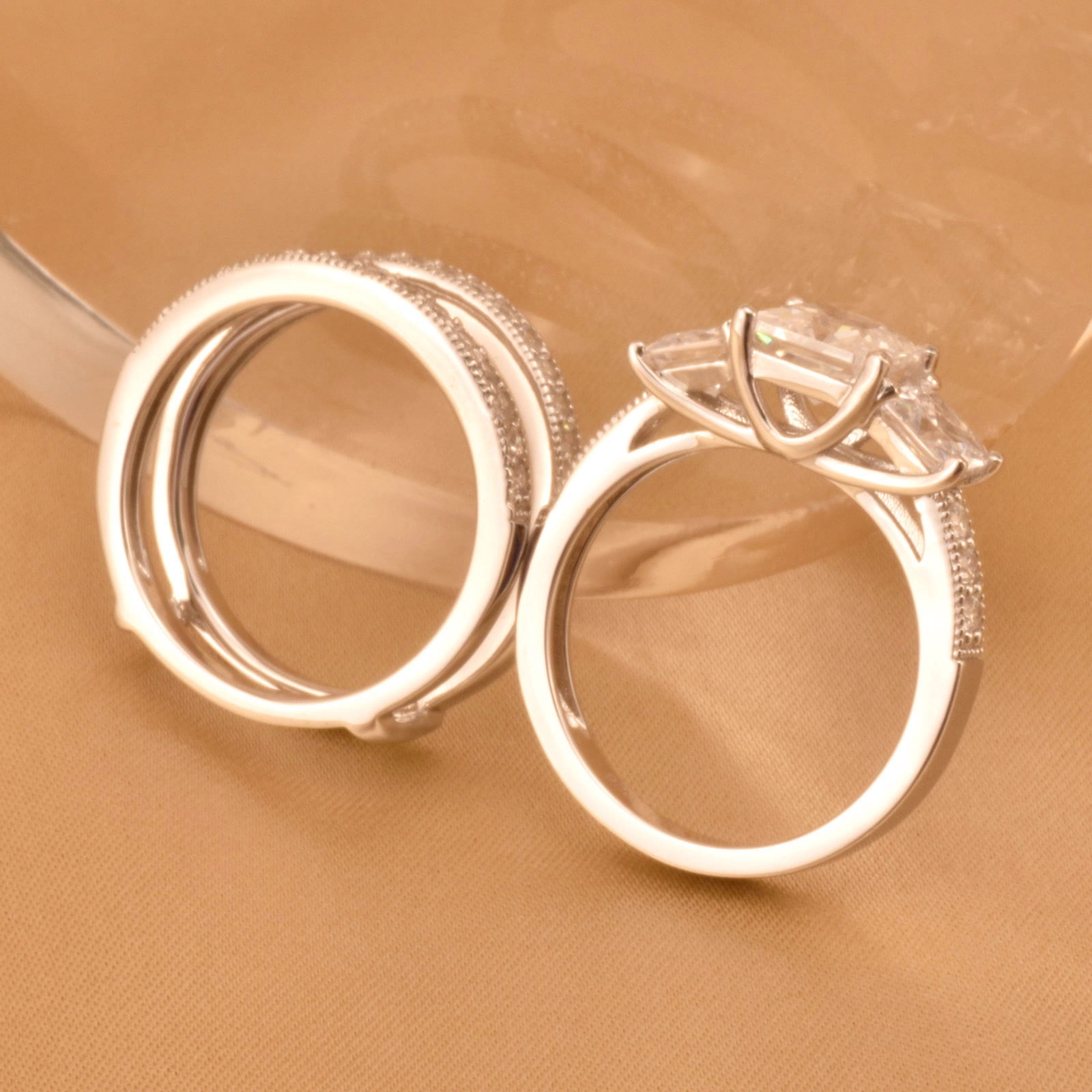 SHELOVES 1.9 Carat Three-Stone Princess Cut AAAAA CZ Wedding Rings for Women Engagement Ring Sets 925 Sterling Silver Size 7