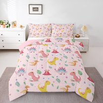 Homewish Cute Flower Dinosaur Bedding Comforter Set for Kids, Jungle Leaf Botanical Twin Comforter Sets, Kawaii Cartoon Animal Reversible Bedding Set, Breathable Home Decor, 2-Piece