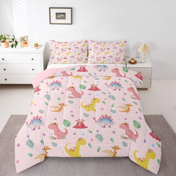 Homewish Cute Flower Dinosaur Bedding Comforter Set for Kids, Jungle Leaf Botanical Twin Comforter Sets, Kawaii Cartoon Animal Reversible Bedding Set, Breathable Home Decor, 2-Piece