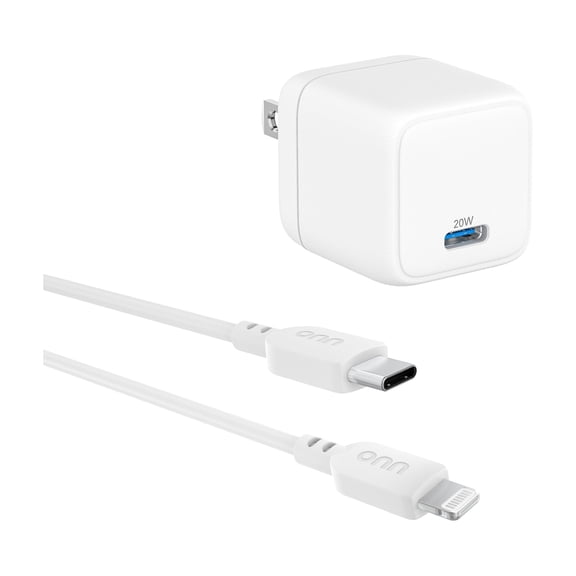 onn 20W Single USB-C Port Wall Charger with 3ft Lighting to C Cable, Fast Charging, MFI & USB-IF Certified, Foldable Plug, White