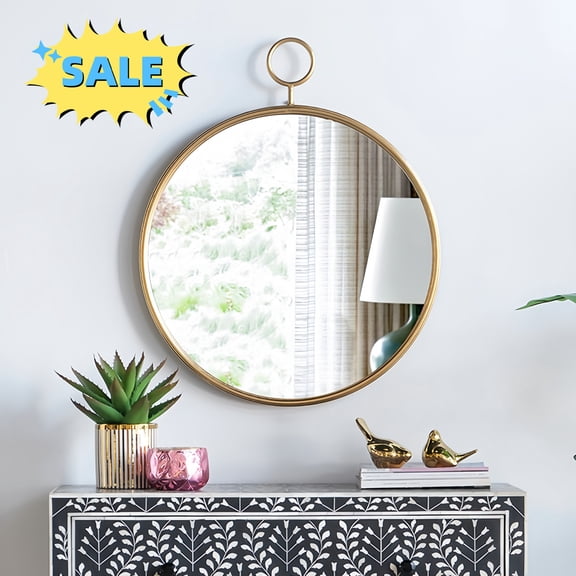 Tcbosik Round Mirror Wall Mounted, 26 x 32 inch Circle Mirror with Metal Frame for Bathroom, Bedroom, Entryway, Living Room, Gold