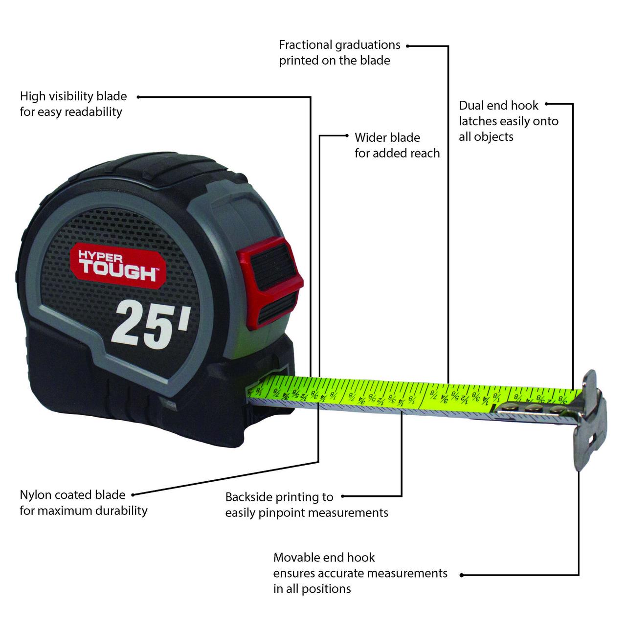 Hyper Tough 25 Ft. Wide Blade Steel Tape Measure photo 4