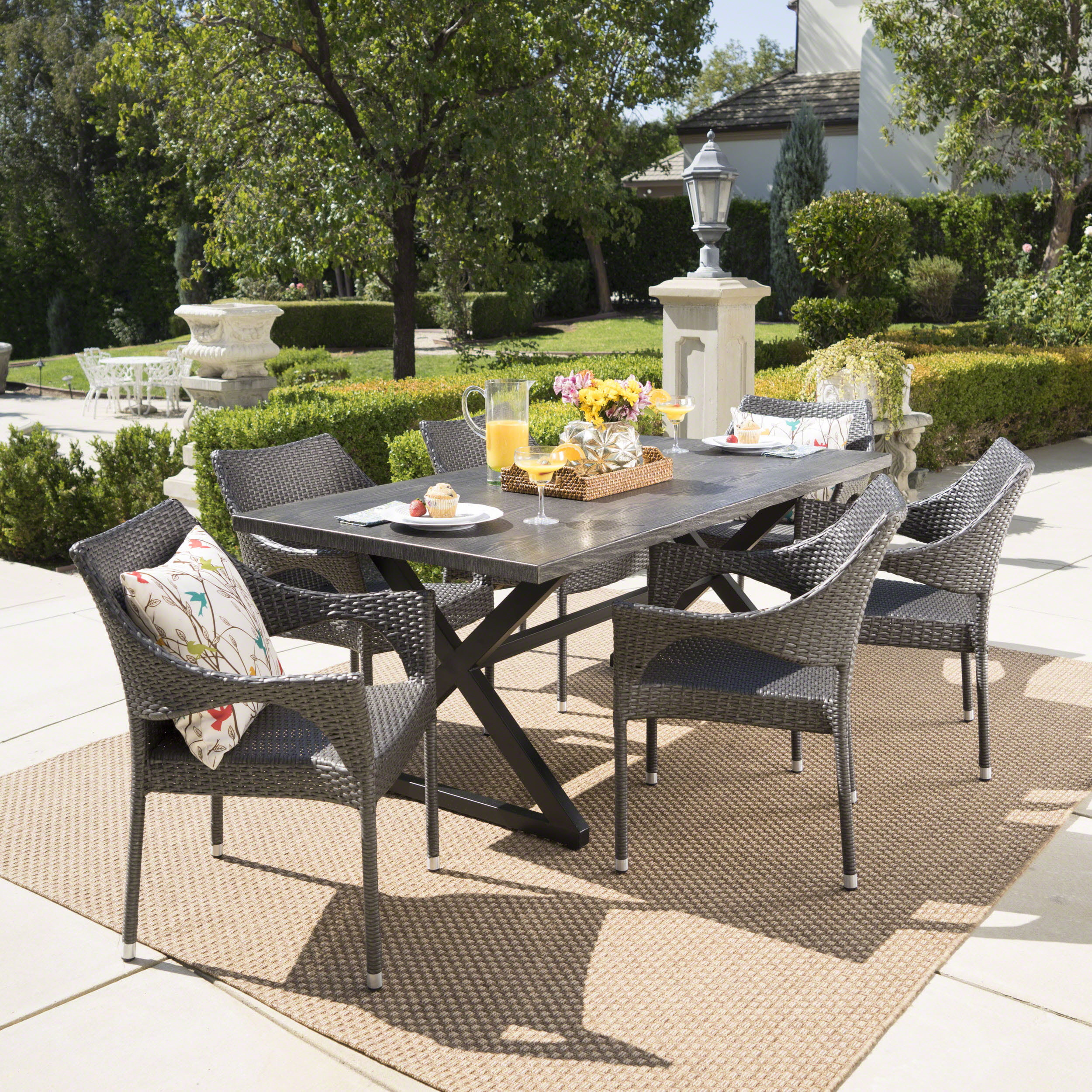 grays outdoor 7 piece wicker dining set with rectangular aluminum table