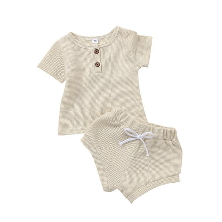 

Newborn Baby Girls Boys Summer Outfits Short Sleeve T-shrit Tops Drawstring Joggers Shorts 2Pcs Waffle Clothes