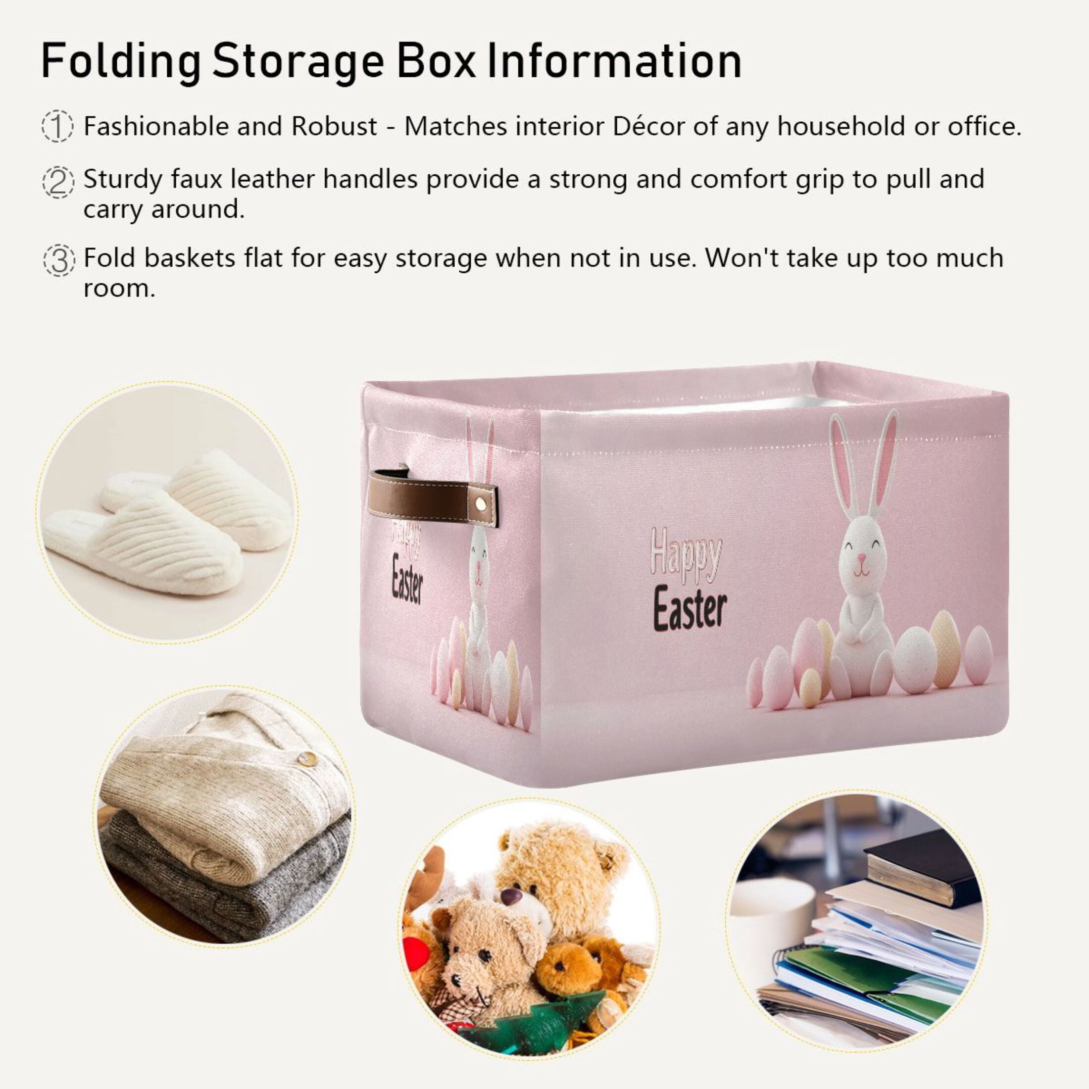 Ryvnso Cute Happy Easter Rabbit Storage Basket Large Bin Foldable Boxes Toys Organizer 14.2x10.2x8.3in 2 PCs