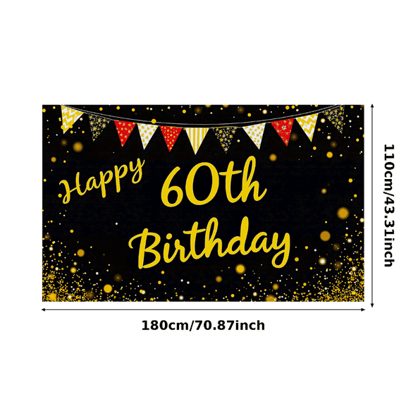 Glittery Gold Happy 60th Birthday Backdrop Banner with Patterned Flags Party Decorations Photography Props Birthday Party Supplies Celebration Decor