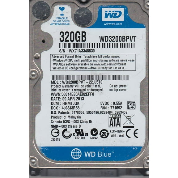 WD3200BPVT-22JJ5T0, DCM HHMTJGK, Western Digital 320GB SATA 2.5 Hard Drive