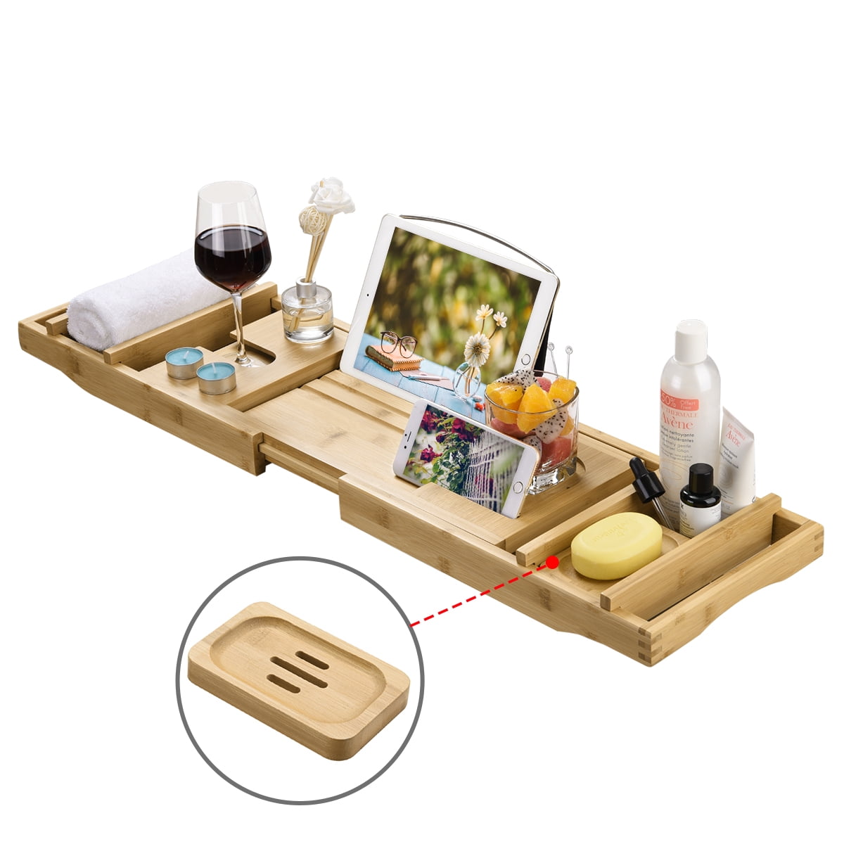 Wooden Pink Bath Rack Caddy Bathtub Tray Wine Glass Holder And Tablet/Phone Slot 