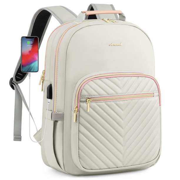 Mochila LOVEVOOK para portátil de 15.6 pulgadas con puerto USB para mujer, gris y rosa