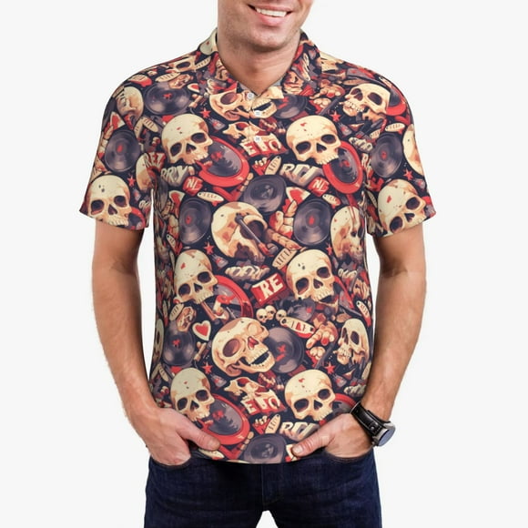 Balery Skull rock record artist Camisa Polo de Hombre con Estampado, de Manga Corta y Tejido Medio, Camisa Tipo Golf Polo-Large