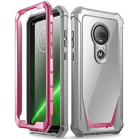 Poetic Full-Body Hybrid Shockproof Bumper Cover, Built-in-Screen Protector, Guardian Series, Case for Motorola Moto G7 and Moto G7 Plus (2019 Release), Pink/Clear