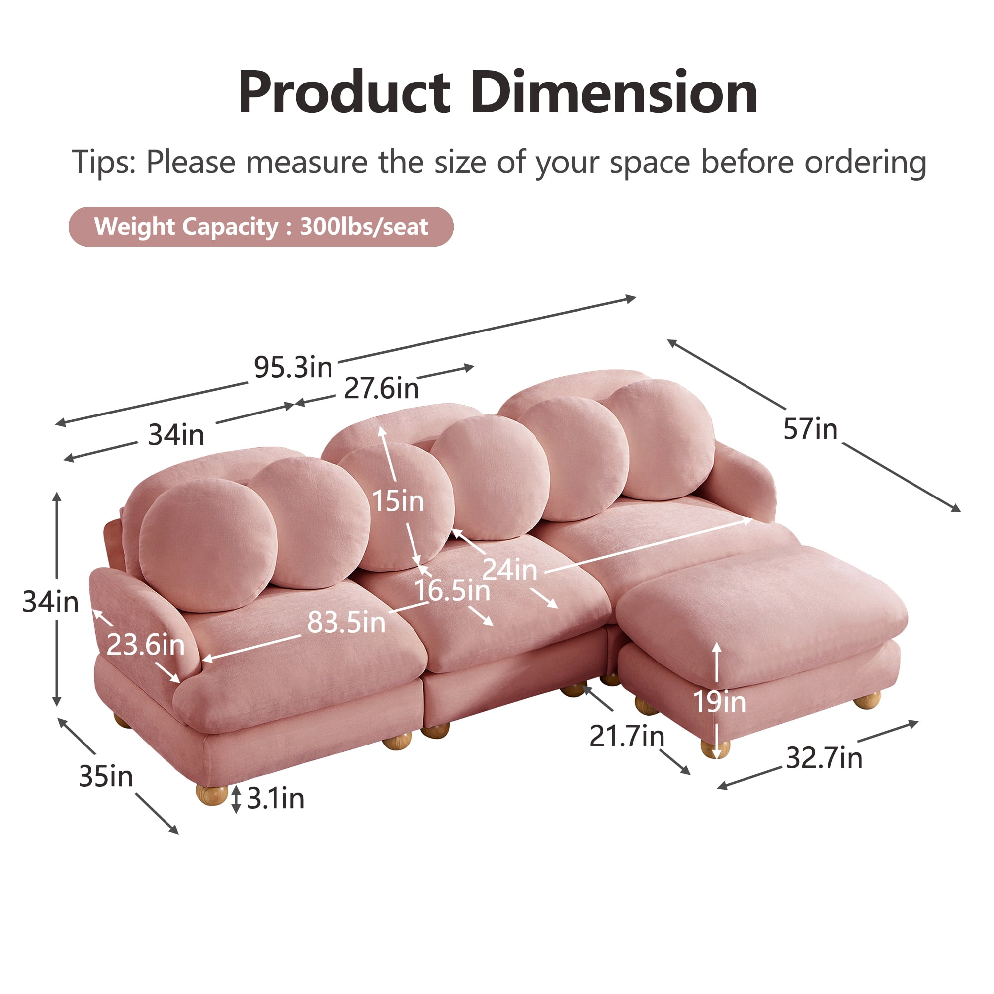 95" L-shaped 4 Seater Comfy Chenille Modular Sectional Sofa Couch with 6 Throw Pillows and Ottoman