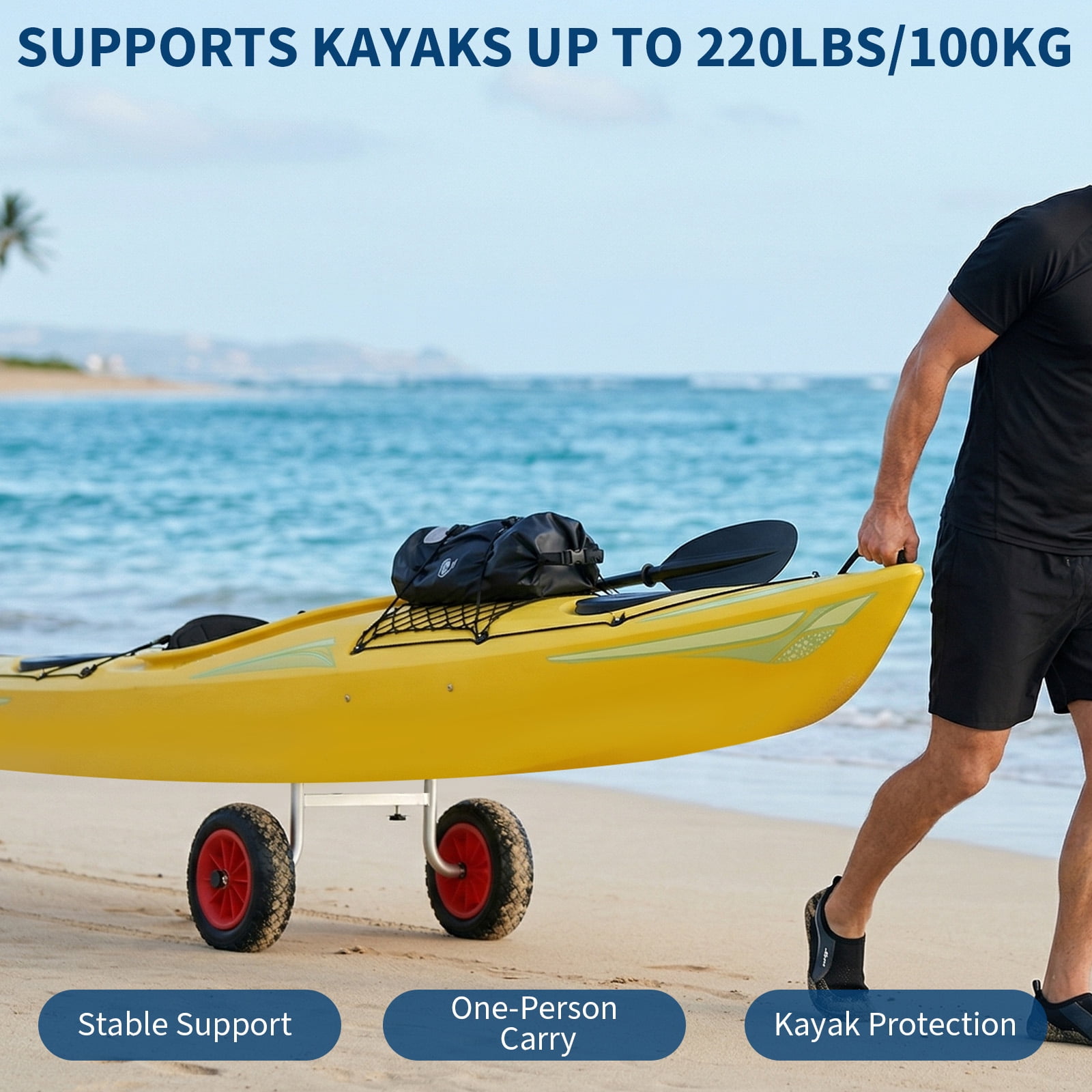 Adjustable Kayak Trolley for Beach, 220 lbs Load, 10" Solid PU Tires, Foam Pads Included
