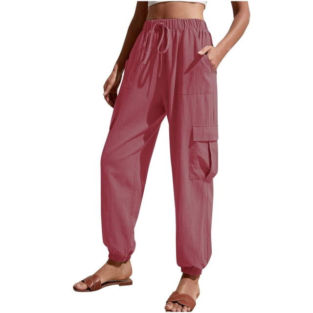 AherBiu Pantalons Taille Haute pour Femmes avec 4 Poches Printemps Automne Décontracté Ample Bas Resserré