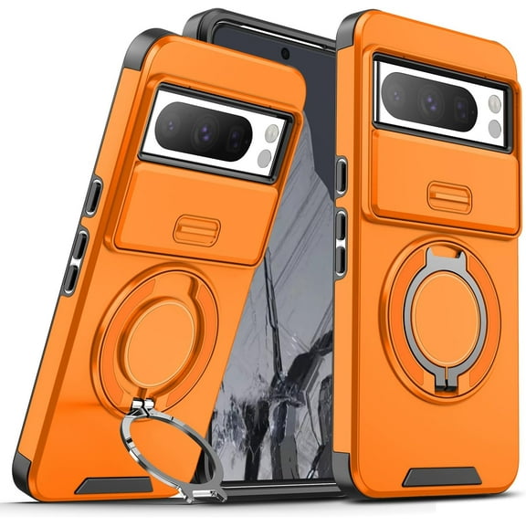 Case for Google Pixel 8 Pro,Military Grade [Built-in Kickstand] Magnetic Rotate Ring Holder Heavy Duty TPU PC Shockproof Drop Protect Phone Case for Google Pixel 8 Pro 5G,6.7 inch 2023 (Orange)