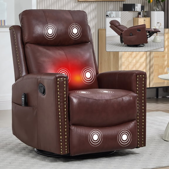 Genuine Leather Manual Recliner Chair, Swivel Rocking Recliner Chair with Heating and Massage for the Elderly, Ergonomic Lounge Single Sofa Seat, Wine Red