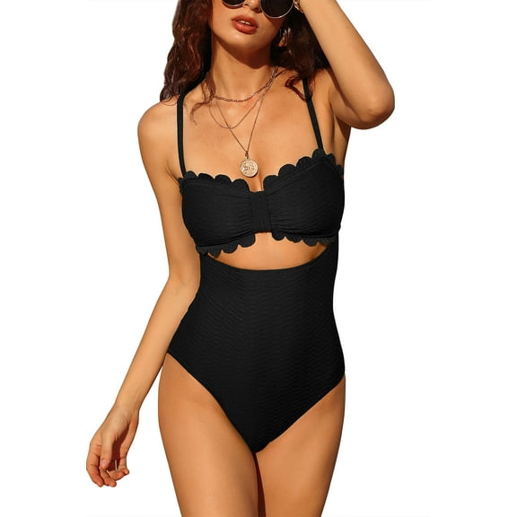 Women's One Piece Swimsuits Adjustable Straps Bikini Black Cutout Scallop Trim Bathing Suit
