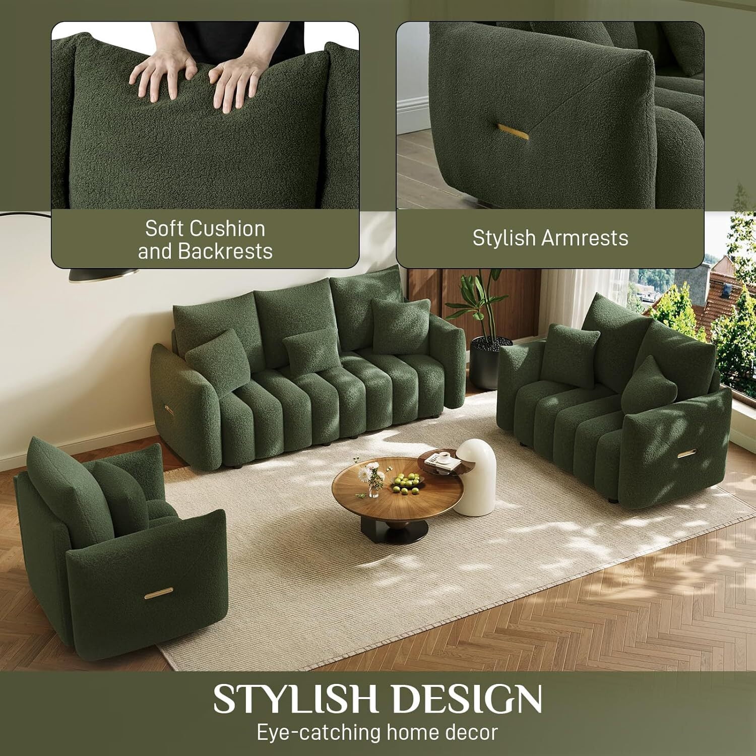 avobird 81" premium Teddy fabric sofa with 3 Pillows, Modern Deep Seat 3 Seater Boucle Sofa & Single Sofa Chair, Oversized Loveseat Sofa for Living Room, Green