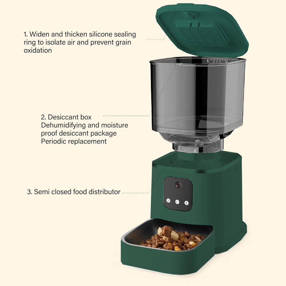 Automatic Pet Feeder with Camera, 2.4G WiFi APP Control, Timed Feeding, 6L Capacity for Cats and Dogs, Green