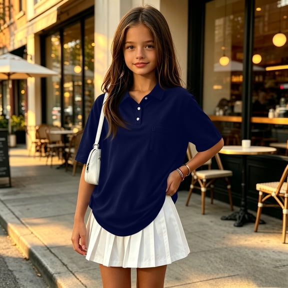 Girls 3- Buttons School Uniform Polo Shirts Kid Short Sleeve Pique Polo Shirt Navy,12-13 Years