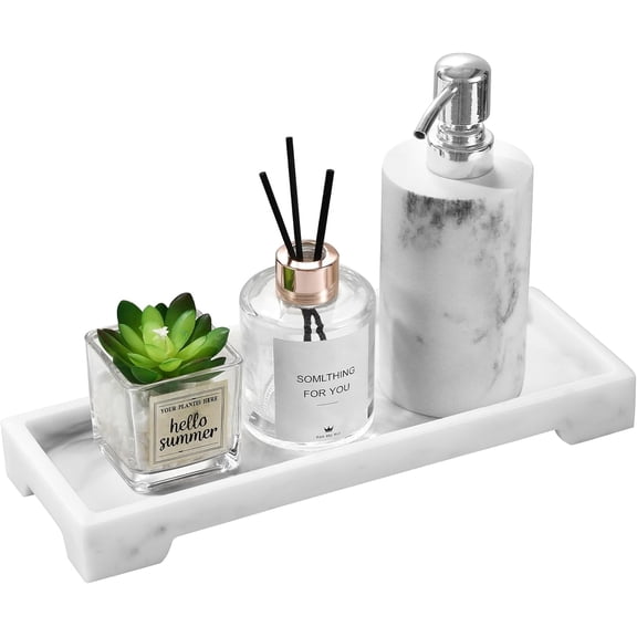 Bathroom Vanity Tray, Resin Toilet Tank Kitcn Trays, 11" x 4" Rectangle Tray for Counter, Marble Soap Dispenser Perfume Jewelry, Small, White