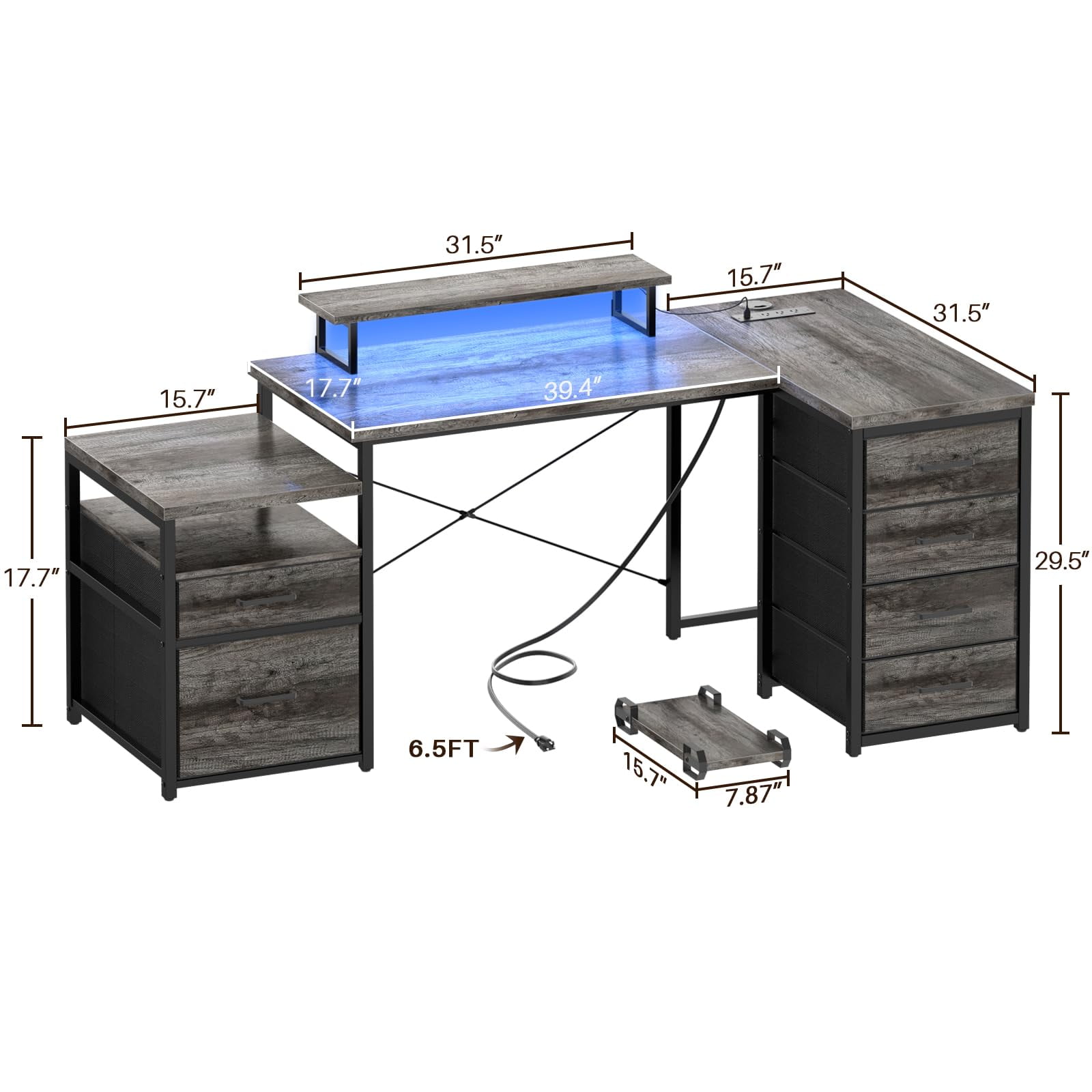 Homieasy Reversible L Shaped Computer Desk with Fabric File Drawers, 70.8" Large Office Desk with RGB LED Lights & Power Outlets & Monitor Stand & CPU Stand, Sturdy Corner Gaming Desk, Black Oak