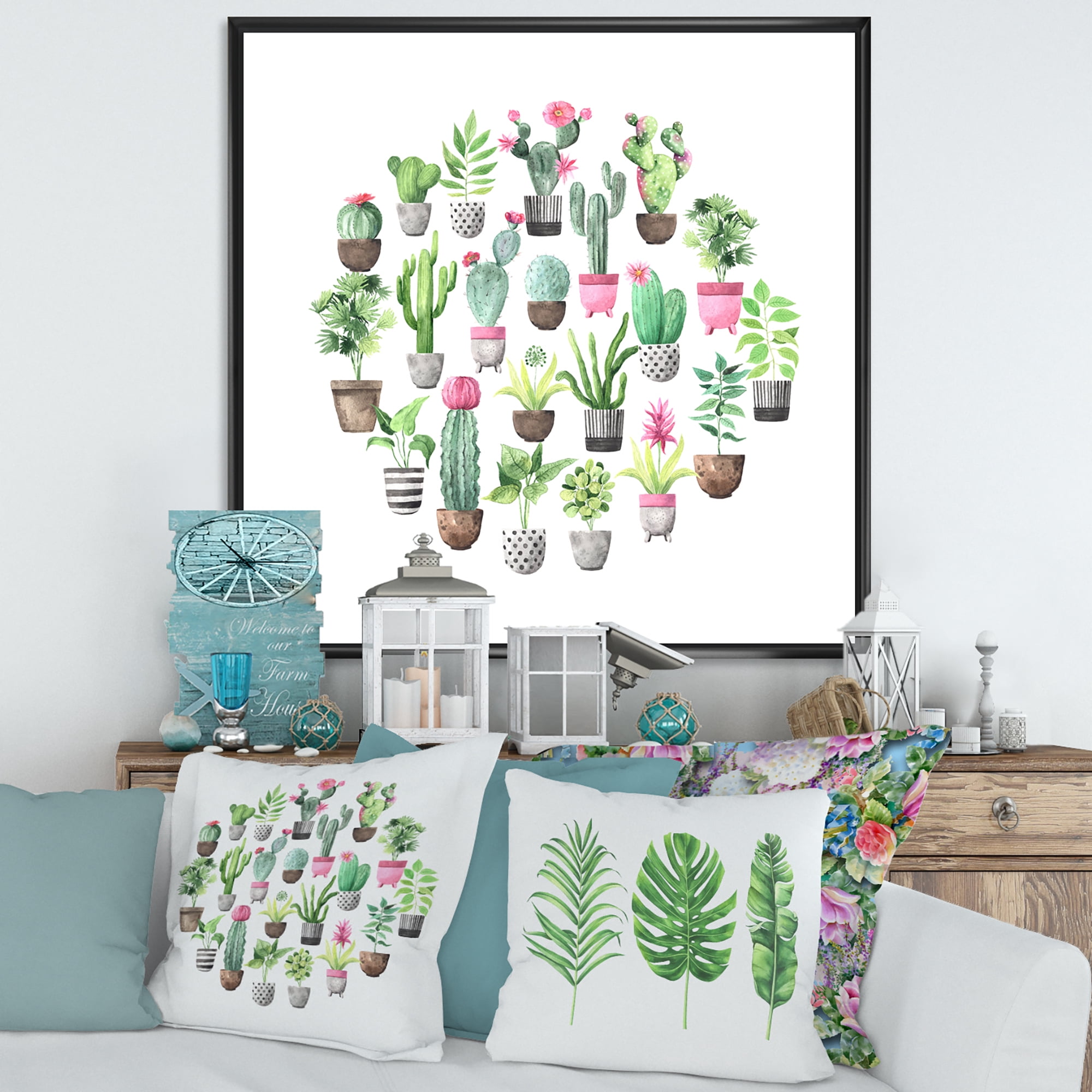 Designart 'Cactus In Ceramic Pots In Gentle Tones II' Traditional Framed Canvas Wall Art Print