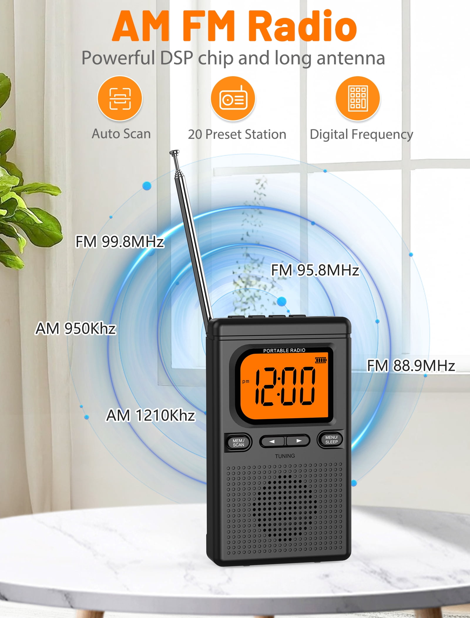 Bluetooth Portable AM FM Radio, Pocket Radio with Digital Tuning, Rechargeable AM FM Radio with  Earphone Jack, Flashlight, LCD Screen