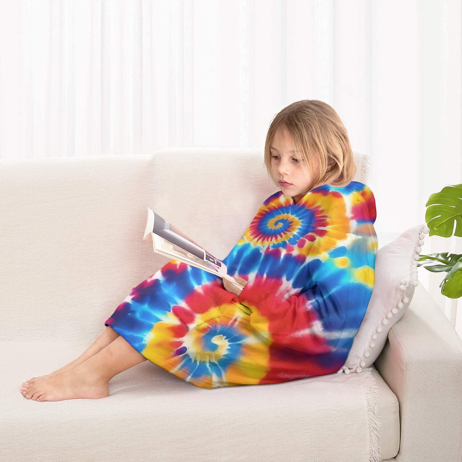 Colorful Tie Dye Multi Spiral Pattern Blanket Hoodies for Kids 6-13YR Oversize Wearable Blanket Hoodies for Boys Girls Teens