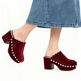 thumbnail image 4 of XYD Women Closed Rounded Toe Slip-on Mules Mid Chunky Heel Stylish Studs Scalloped Edge Platform Casual Dress Shoes Size 11.5 Dark Red, 4 of 4