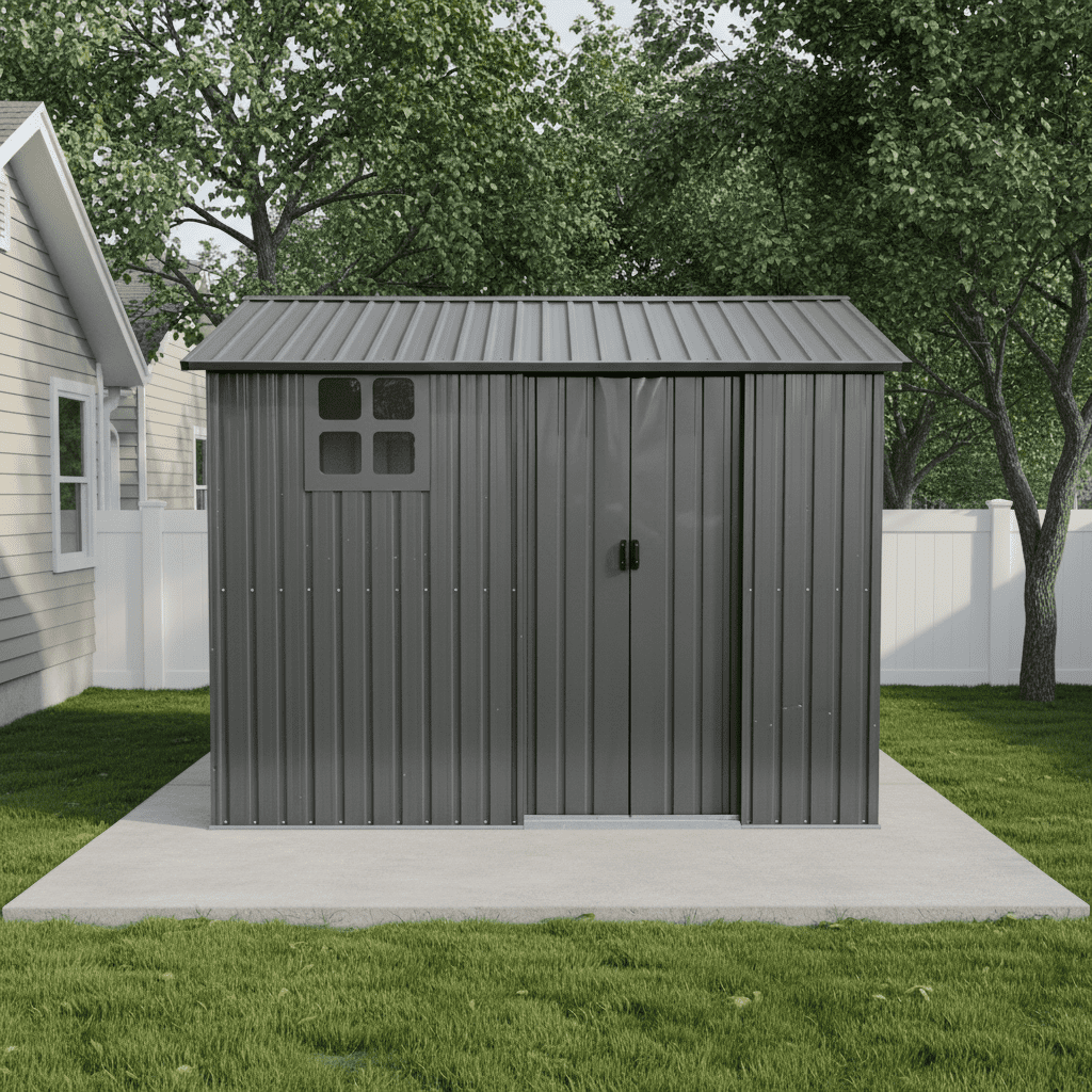 Mintazer 8×6ft Metal Outdoor Storage Shed with Lockable Sliding Doors & Window, Weatherproof Garden Tool Shed, Gray