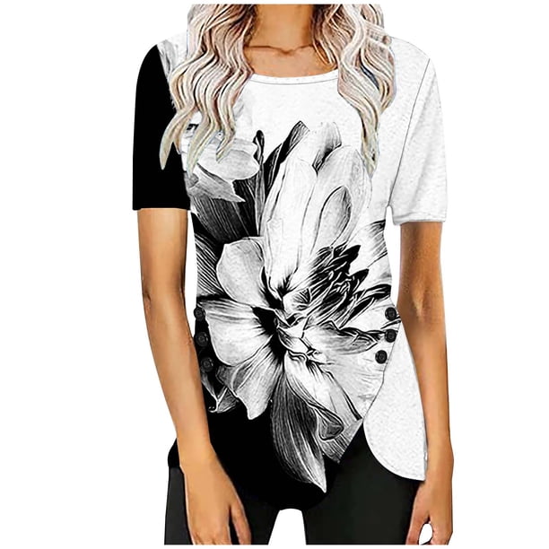 Blusas de Manga Corta para las Mujeres Botón Impreso Cuello Redondo Top Casual, Blusas para las Mujeres Casual
