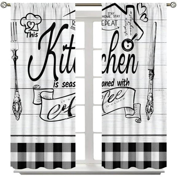 Farmhouse Rustic Kitchen Curtains, Vintage Fork Spoon Barn Rustic Plank Cafe Curtains Home Living Room Bedroom Blackout Curtains 2 Panels 55x63 Inches