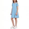 thumbnail image 4 of Busydd Dresses for Teens 5-15 Years Casual Summer Solid Color off Shoulder T Shirt Dress Trendy Round Neck Short Sleeve Girl Dresses with Pockets 9-10 Years, 4 of 7