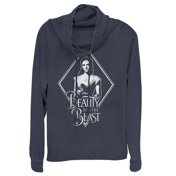Junior's Beauty and the Beast Belle Diamond  Cowl Neck Sweatshirt Navy Blue Large