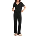 thumbnail image 2 of Blmnix 2 Piece Sleepwear for Women Cotton Pajamas Sleepwear Sets Pajama Pants Full Black V-Neck Short Sleeve Straight-Leg Soft Pajama Set for Women,S, 2 of 6
