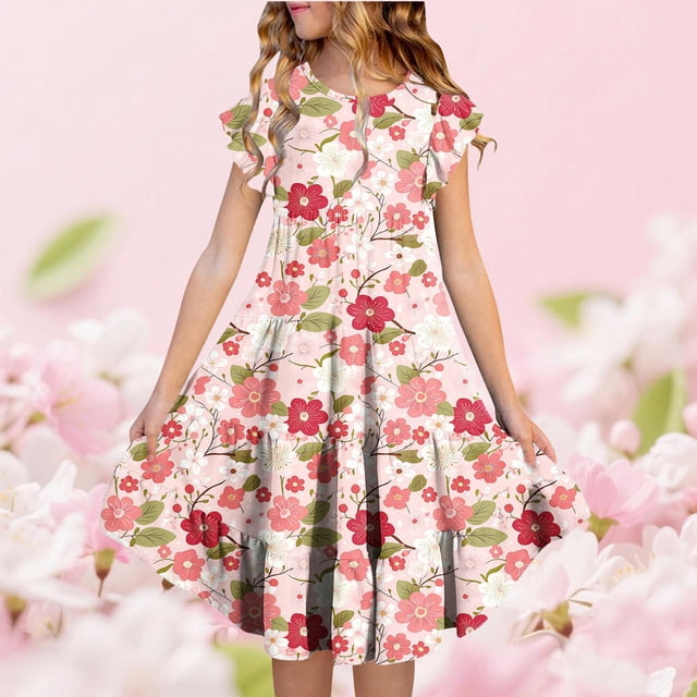 Zpanxa Robes d'Été pour Filles Manches Courtes Volantées Col Rond Imprimé Floral Taille Poche Robe Superposée Polyester Spandex Multicolore 6-7 Ans