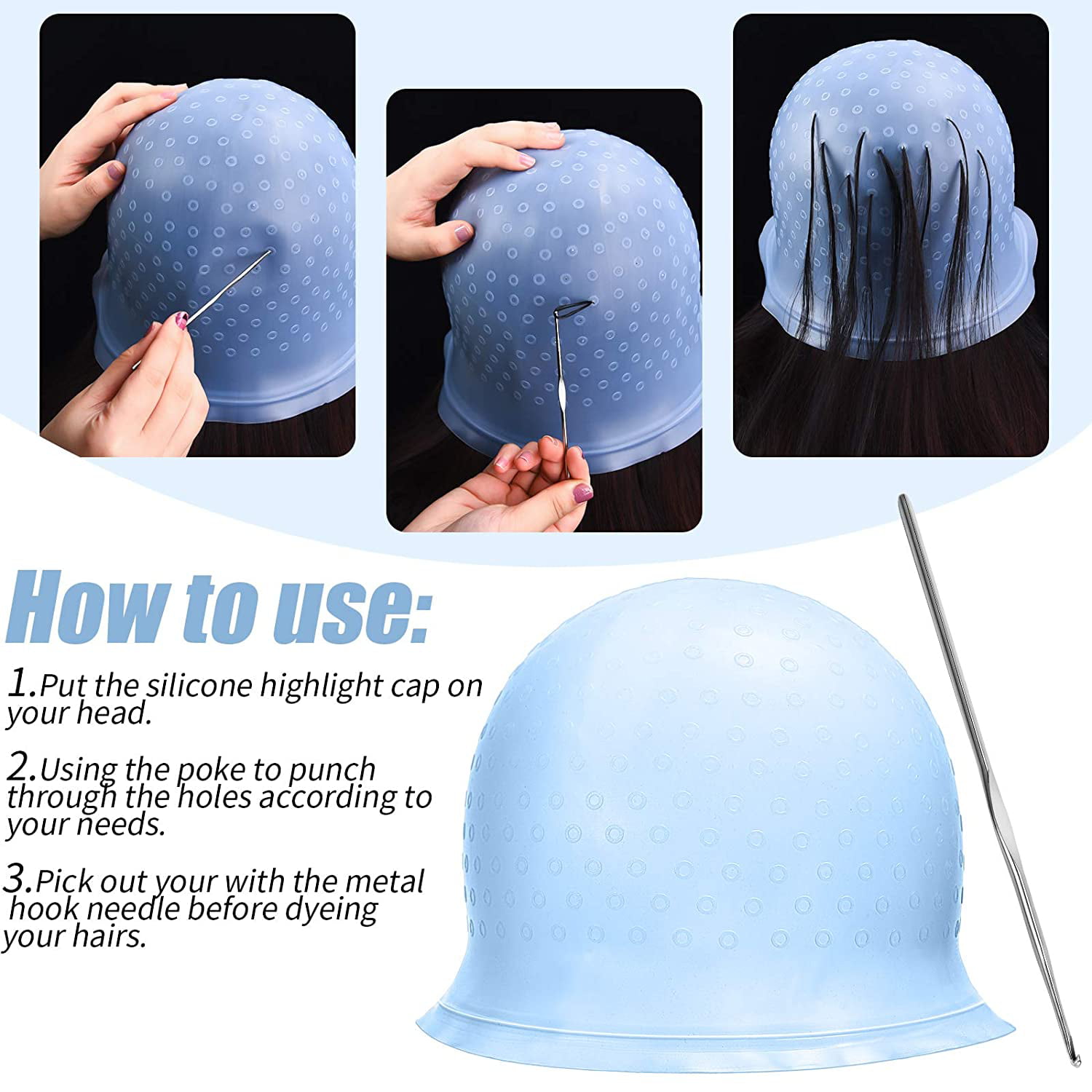 Amazon.com : Highlighting Silicone Cap with Hook, Hair Dye Hat Reusable Hair  Coloring Frosting Tipping Cap with Metal Needle for Beauty Salon Home  (Blue) : Beauty & Personal Care