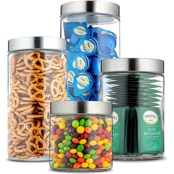 Home Intuition Glass Canister Set with Stainless Steel Lid 4-Piece Set, Kitchen Storage Glass Jars For Candies, Cereal, Nuts & More, Airtight Containers For Countertop & Pantry Organization (Round)