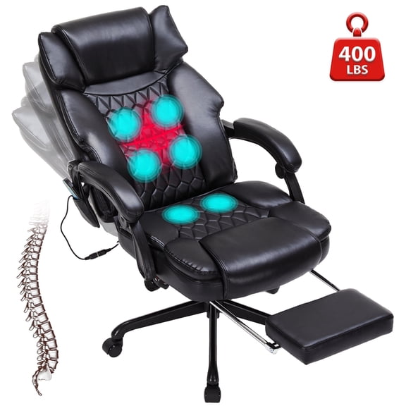 Office Chair With Six-Point Vibration Massage And Lumber Heated,Reclining Desk Chair With Footrest,Big And Tall Computer Chair,Black