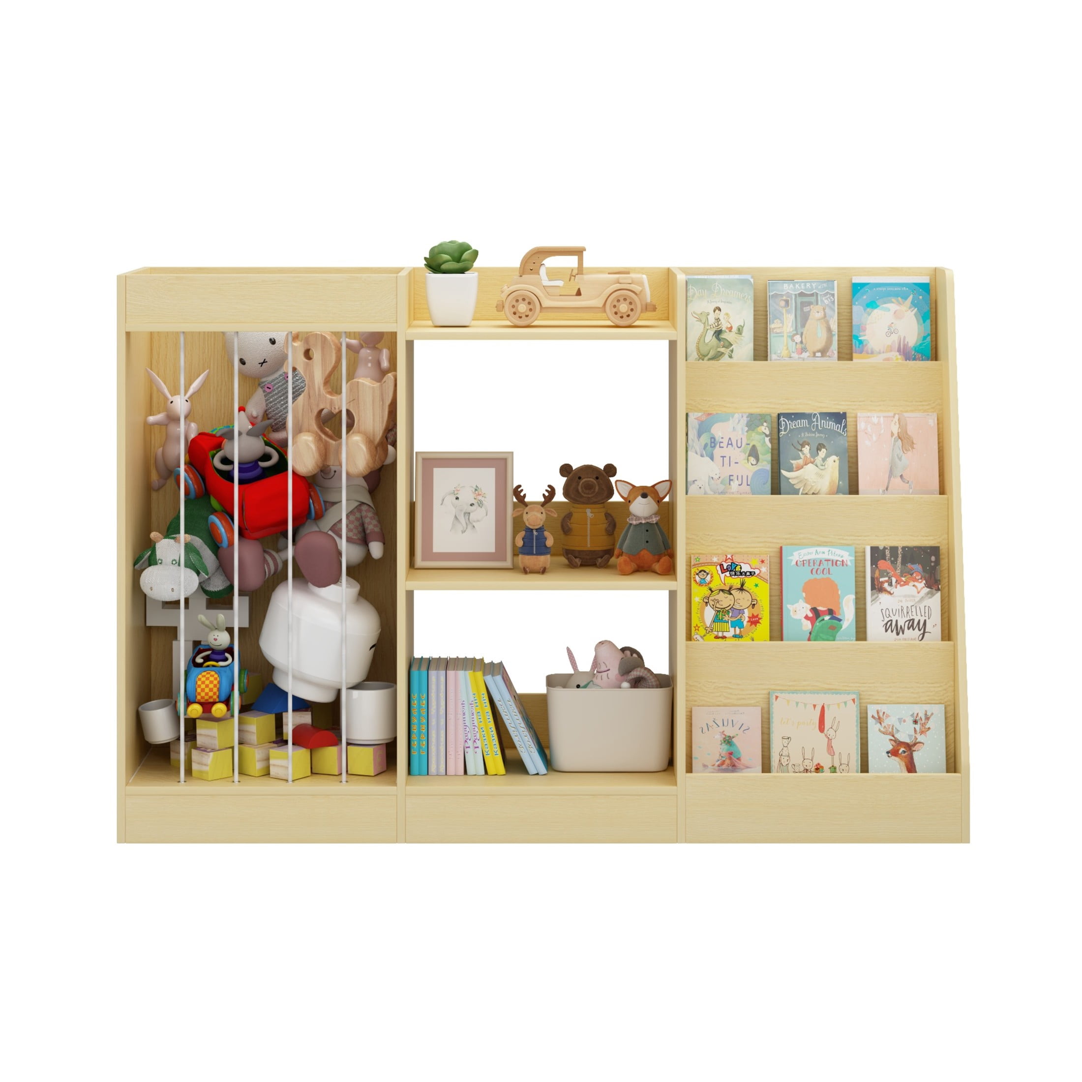 Noble House Aldo Kids 4-Tier Montessori Bookshelf & Toy Organizer, 3-in-1 Baby Storage Bookcase, Natural