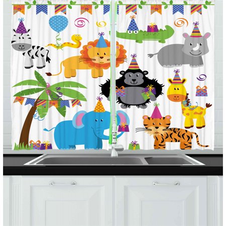 Kids Birthday Curtains 2 Panels Set Jungle Wild Safari Animals In