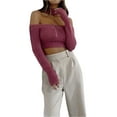 thumbnail image 2 of hirigin Women's Spring Autumn Short Knitwear Solid Color Long Sleeve Off Shoulder Sweater with Collar, 2 of 9