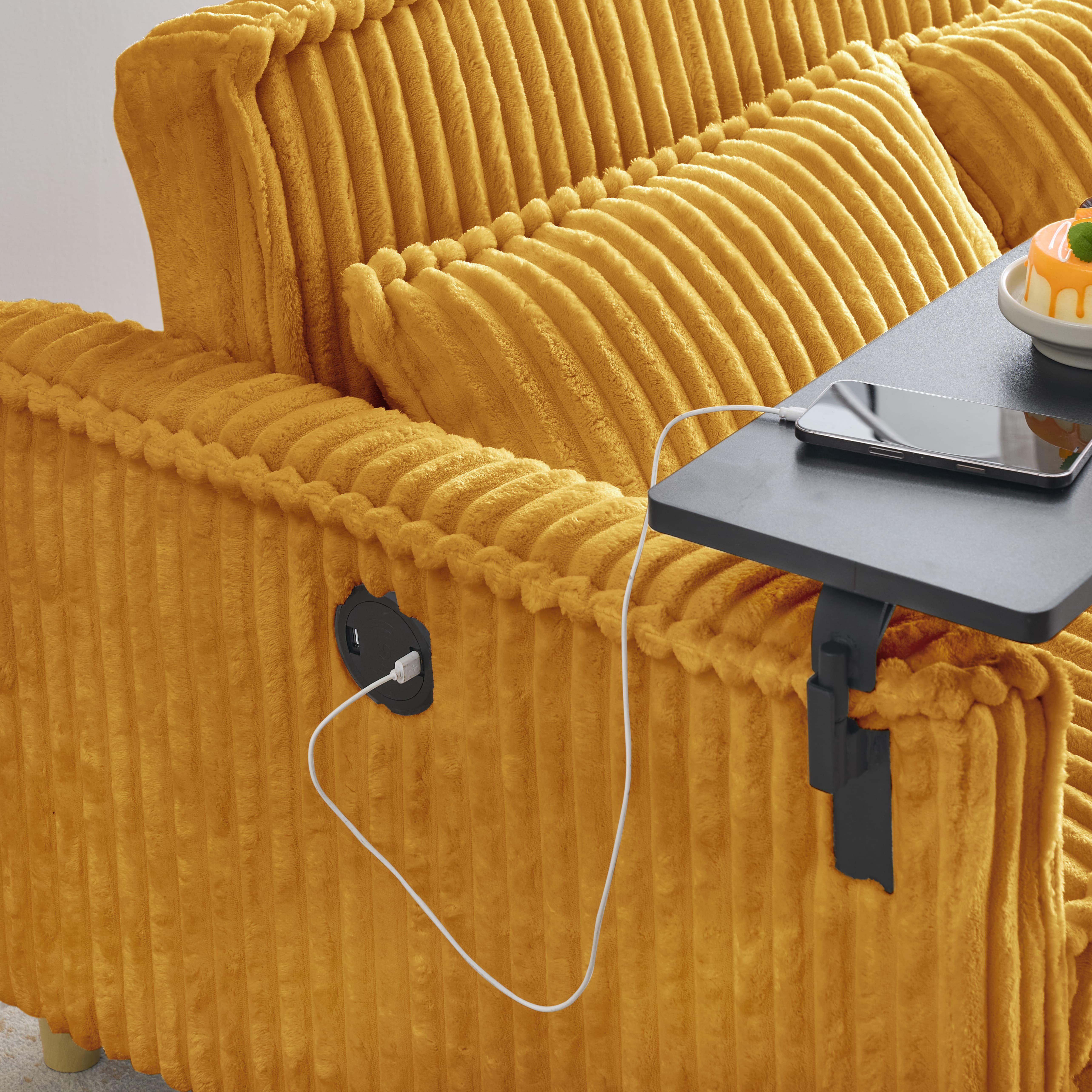MAYEERTY 54" Pull Out Corduroy Sofa Bed with a Movable Tabletop and USB Ports, Loveseat Sleeper for Apartment, Living Room, Small Space, Yellow