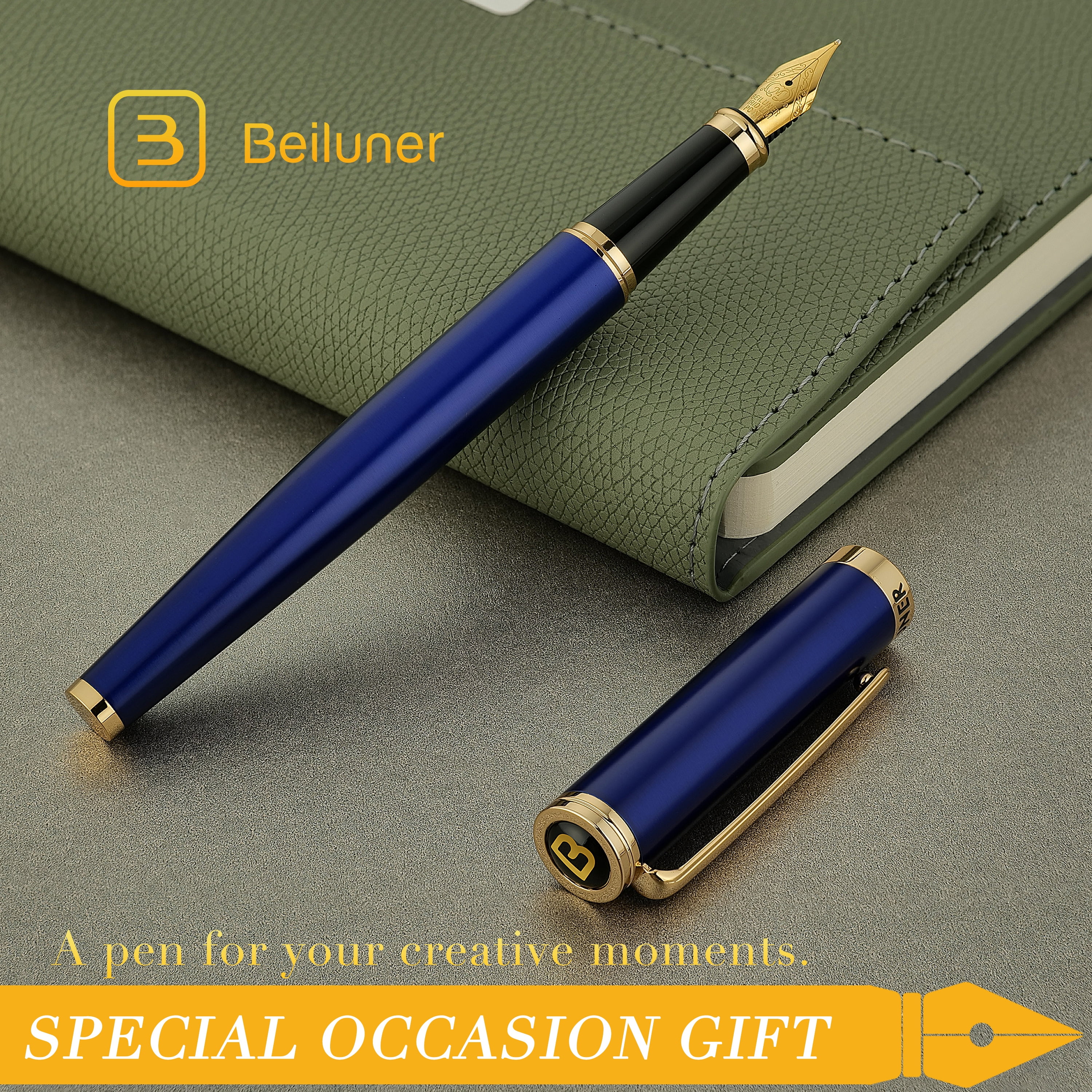 BEILUNER Blue Fountain Pen,Stunning Luxury Pen,24K Gilded Nib(Medium),Gorgeous 24K Gold Finish,German Schneider Ink Converter,Trustworthy Pen Gift for Men&Women-Elegant, Reliable,Nice Pen for Writing